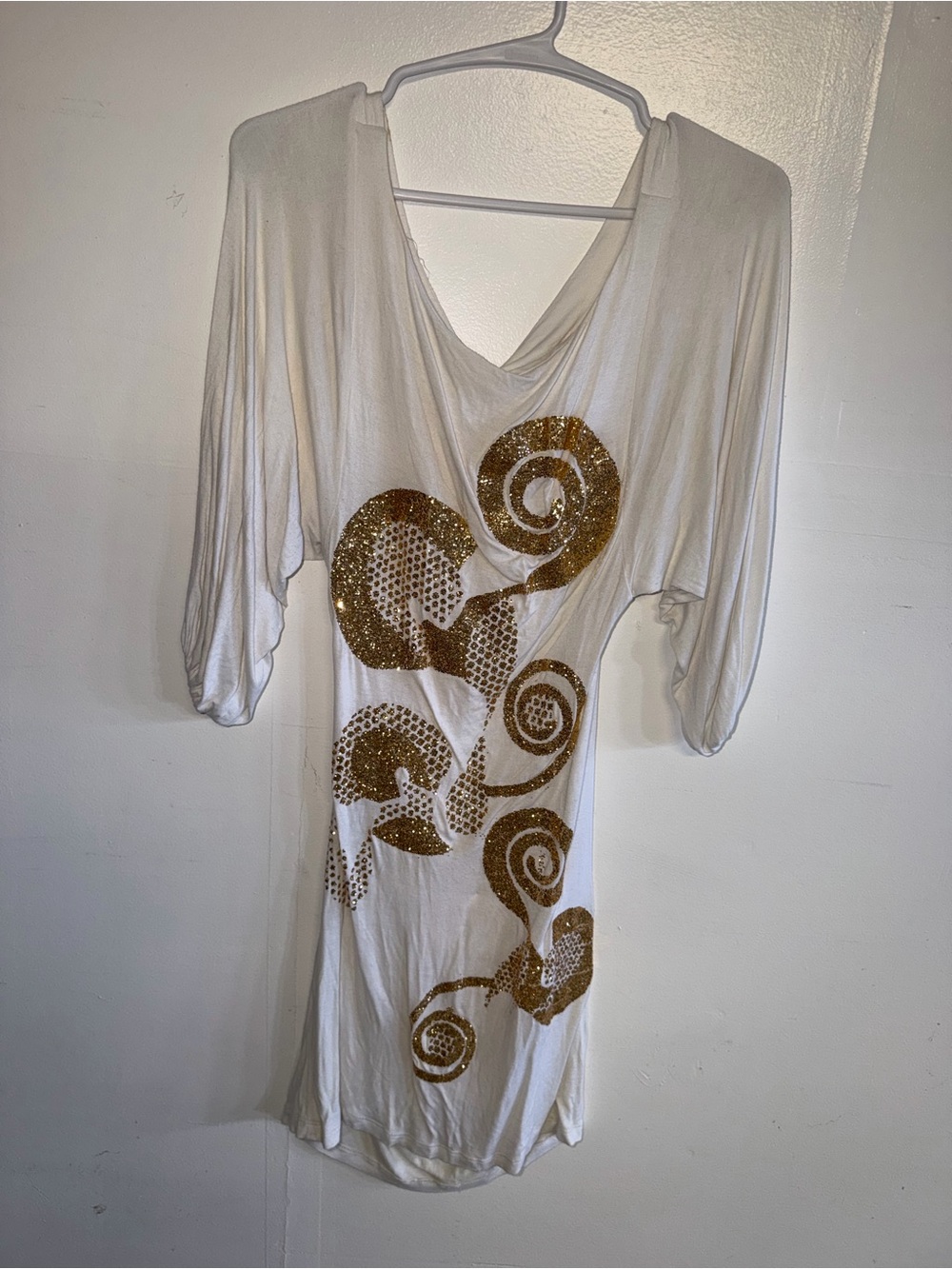White Tunic Dress with Gold Sequin Swirl Design